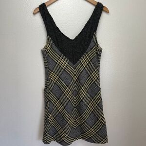 FREE PEOPLE Sleeveless Sweater Dress Tunic Plaid Size 6 Gray Black Yellow